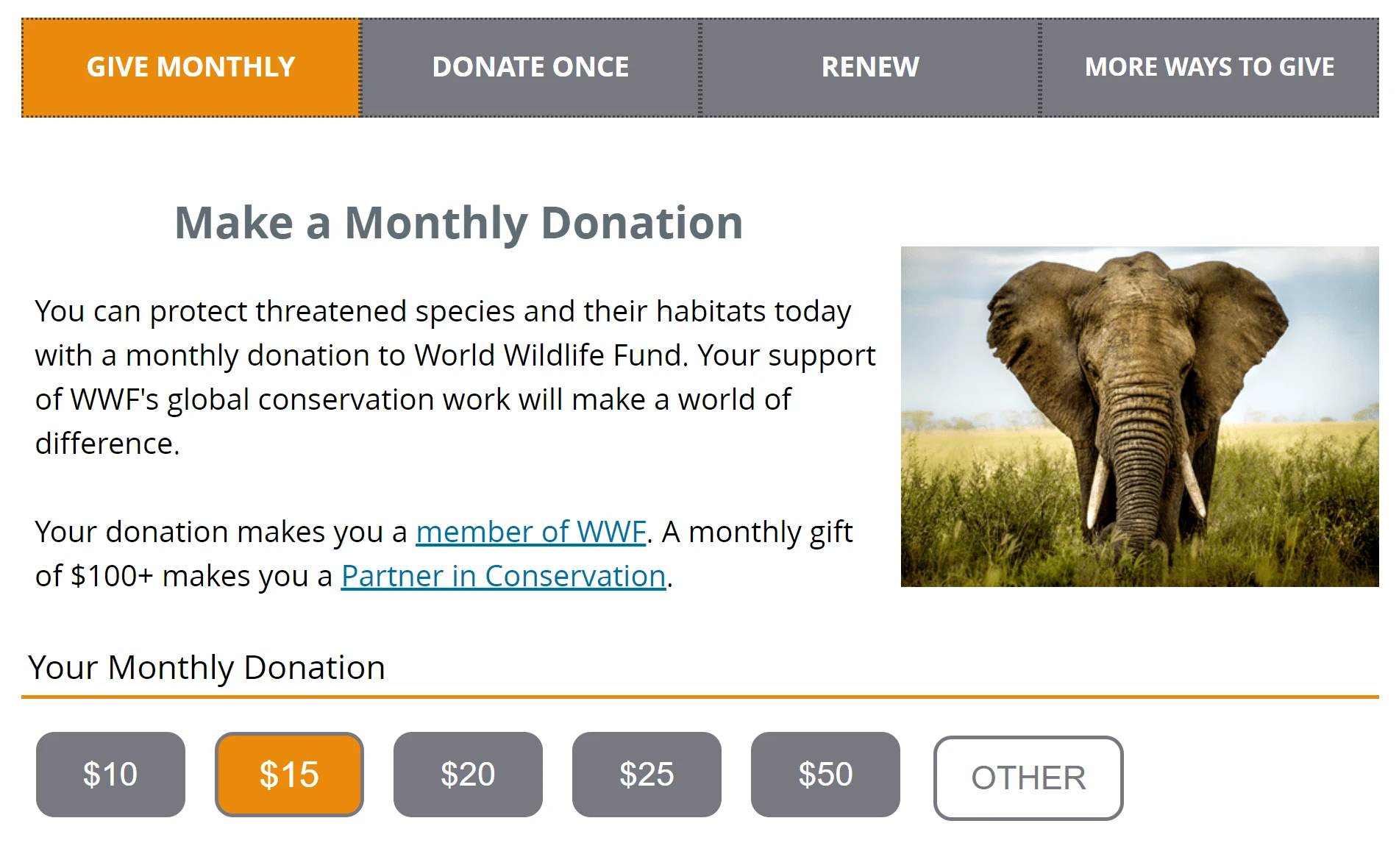 WWF screenshot showing simple donation interface