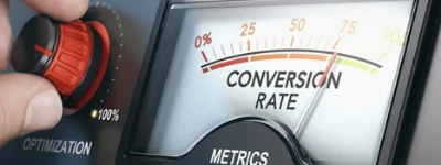 Analog gauge meter labeled Conversion Rate, the lift our conversion rate optimizations bring.