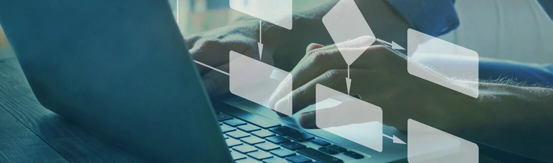 Website development process planning shown as workflow boxes over a laptop